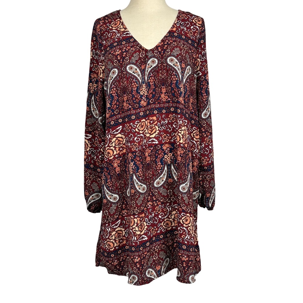 Charlotte Russe Shift Dress Boho Paisley Floral Mini S‎ Burgundy Long Sleeve